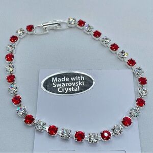 Swarovski Elements Ruby Red Diamond White Crystal Tennis Bracelet Silver
